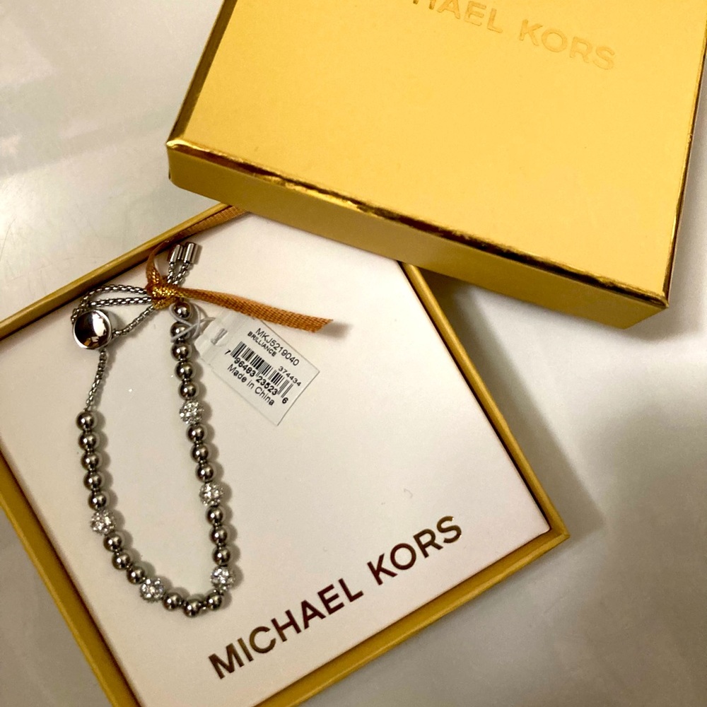 MICHAEL KORS Brilliance Silver Beaded Slider Bracelet + MK GIFT BOX